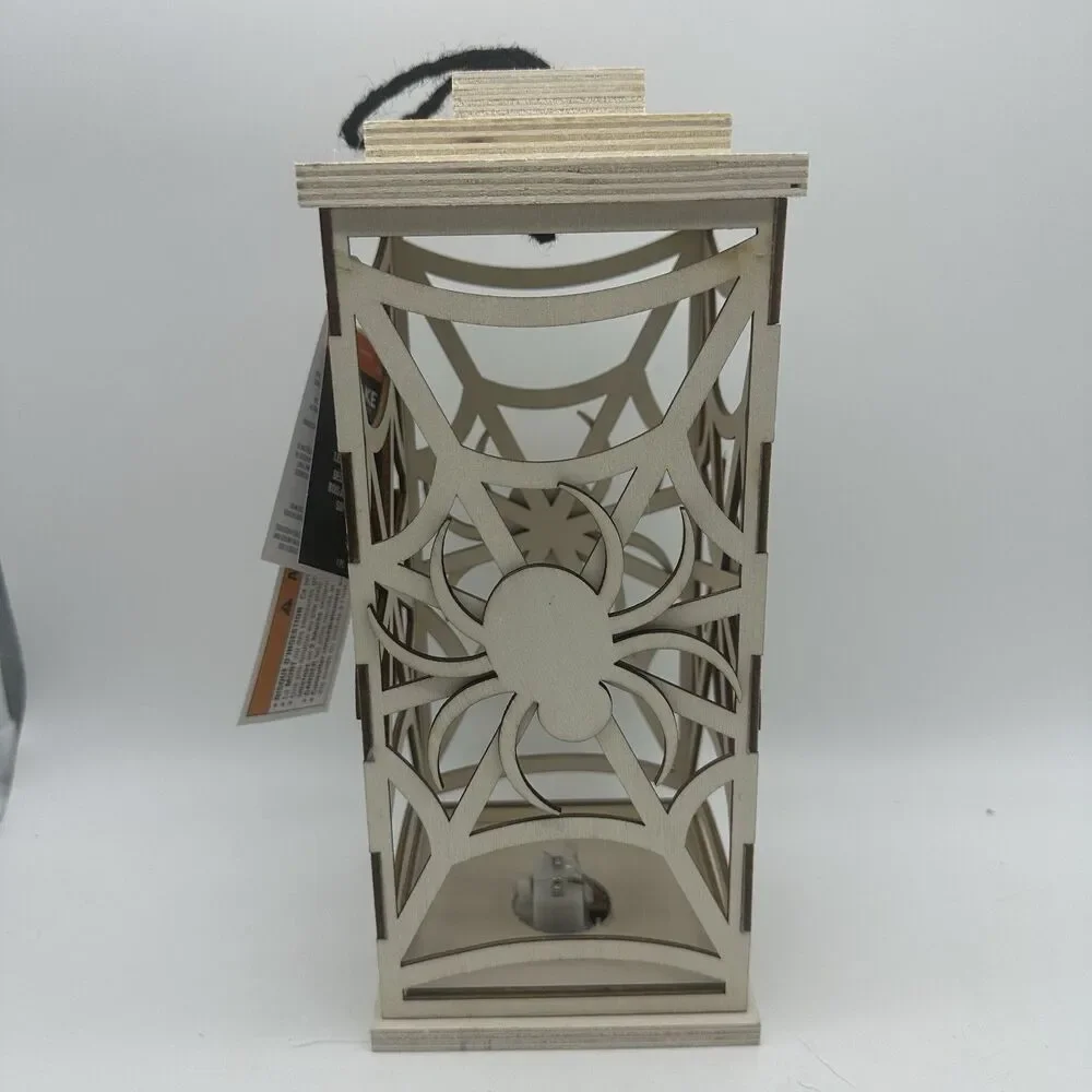 2PC Halloween Wooden Spider Lantern LED Light Up Centerpiece Decoration